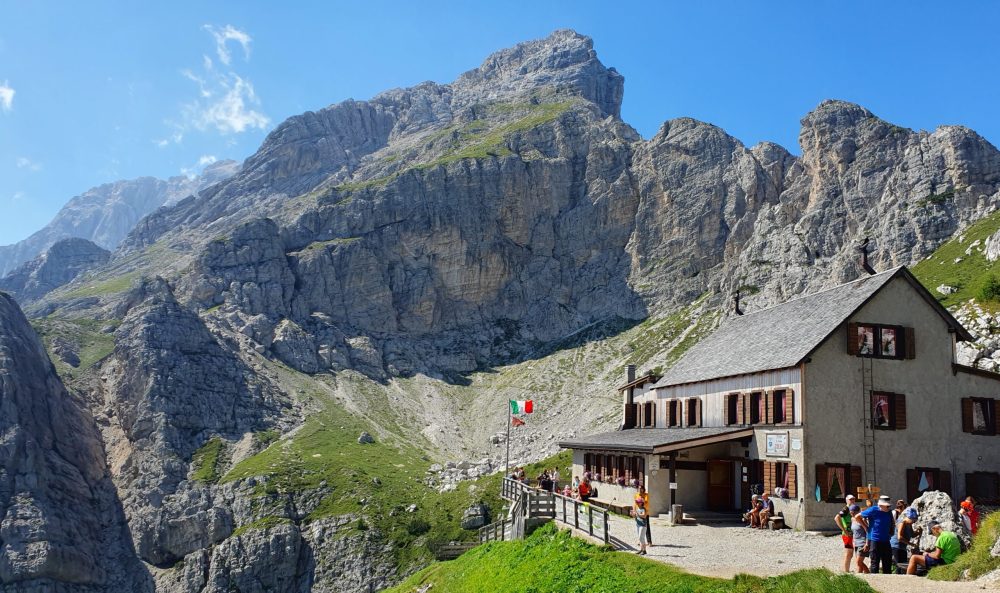 Rifugio Coldai in front of the Civetta mountains on Alta Via 1 of Dolomites
