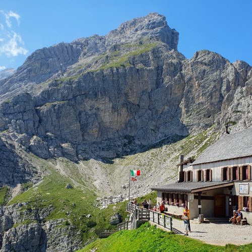 Rifugio Coldai in front of the Civetta mountains on Alta Via 1 of Dolomites