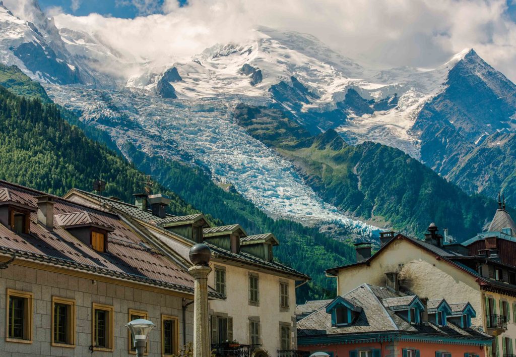 Chamonix town and the Scenic View or Mont Blanc Massif and the Glaciers.