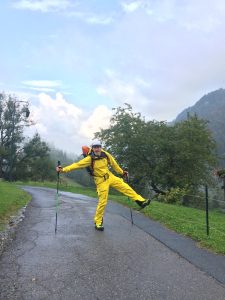 Joel wearing his Salomon MTN GTX waterproof in a downpour on a gravel trail