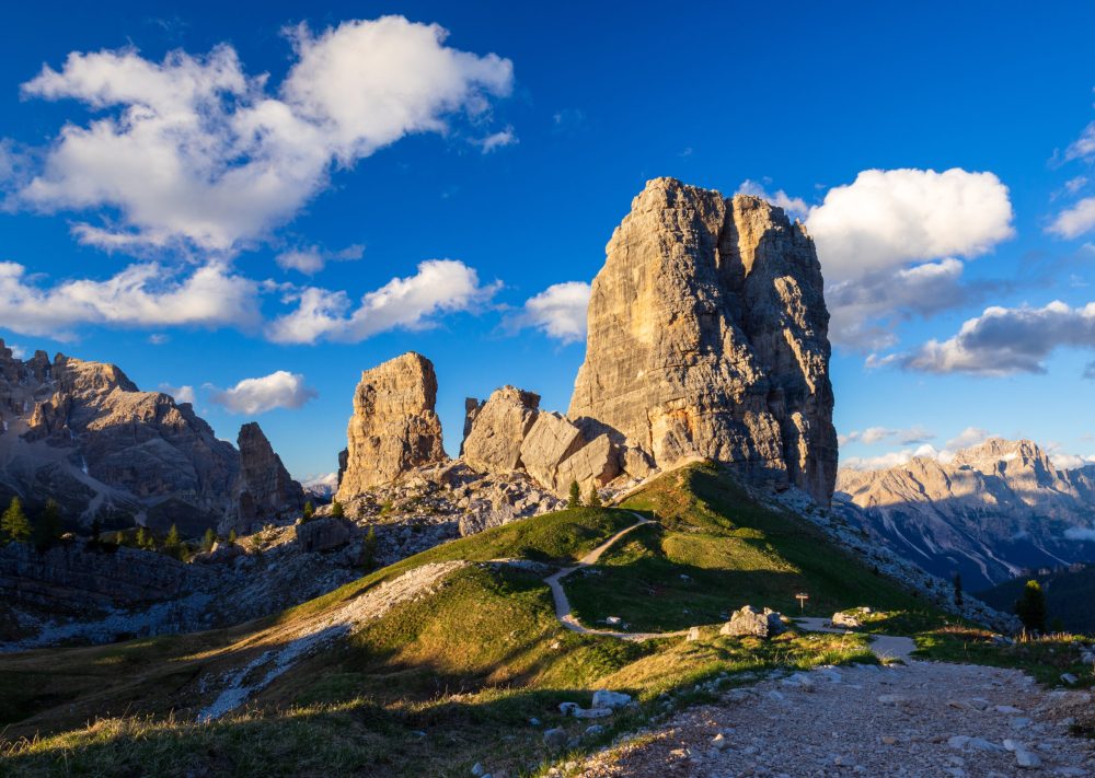 Cinque Torri mountain peak at sunset, from Alta Via 1 hike in Dolomites Alps, Italy