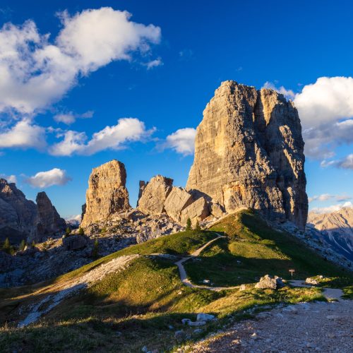 Cinque Torri mountain peak at sunset, from Alta Via 1 hike in Dolomites Alps, Italy
