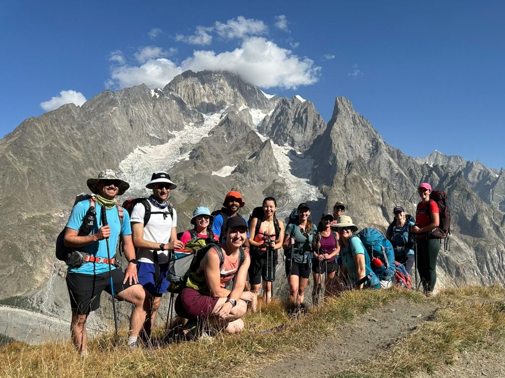 Hikers group photo below Mont Blanc