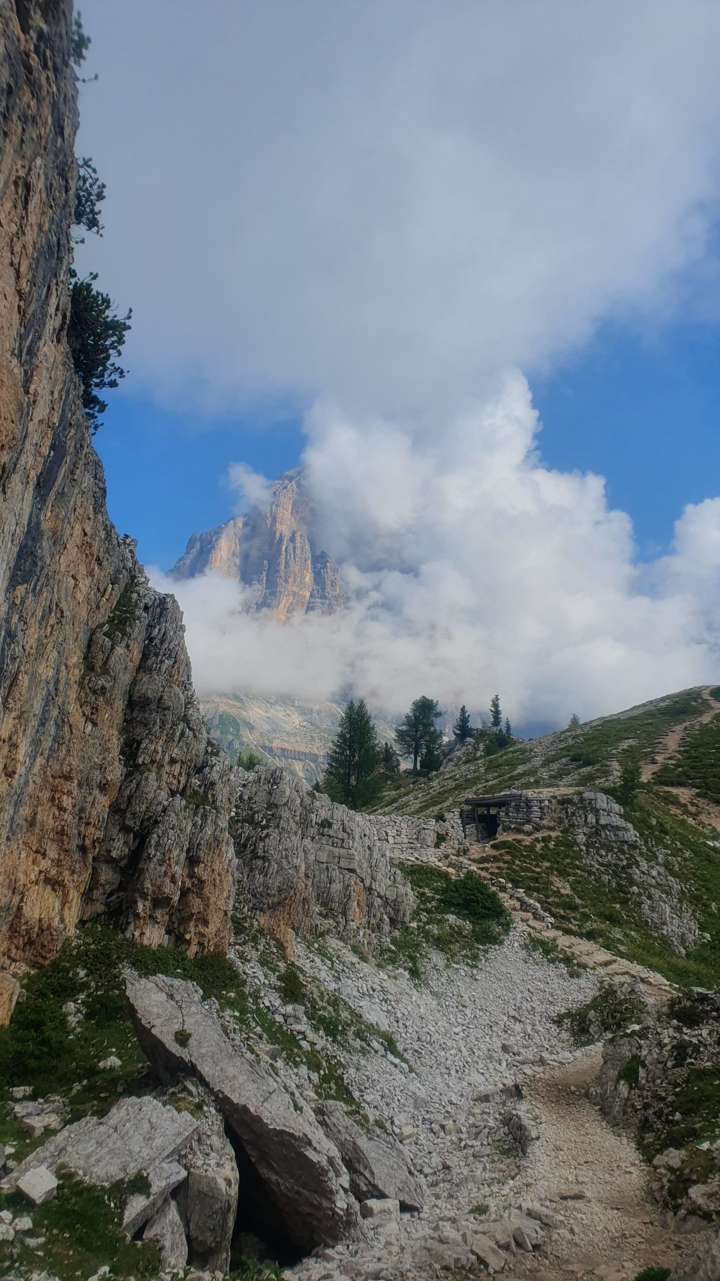 Cinque Torri open air war museum trenches looking out to the rocky Dolomites peaks
