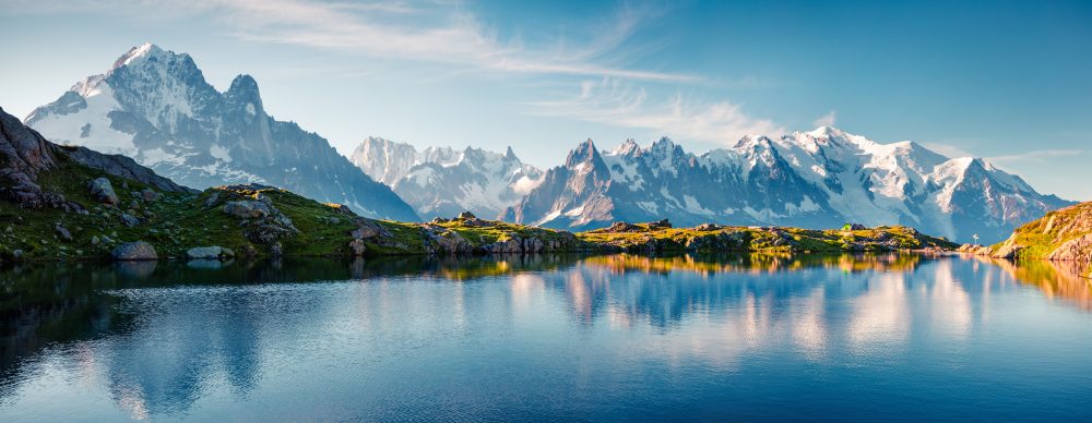 Colorful summer panorama of the Lac Blanc lake on the TMB trek with Mont Blanc on background, Chamonix