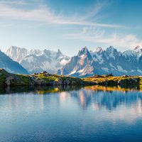 Colorful summer panorama of the Lac Blanc lake on the TMB trek with Mont Blanc on background, Chamonix