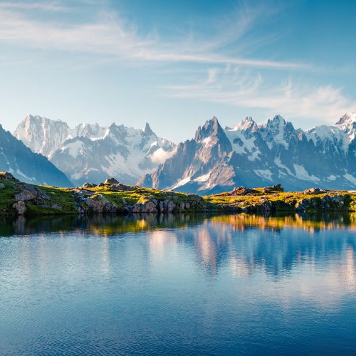 Colorful summer panorama of the Lac Blanc lake on the TMB trek with Mont Blanc on background, Chamonix