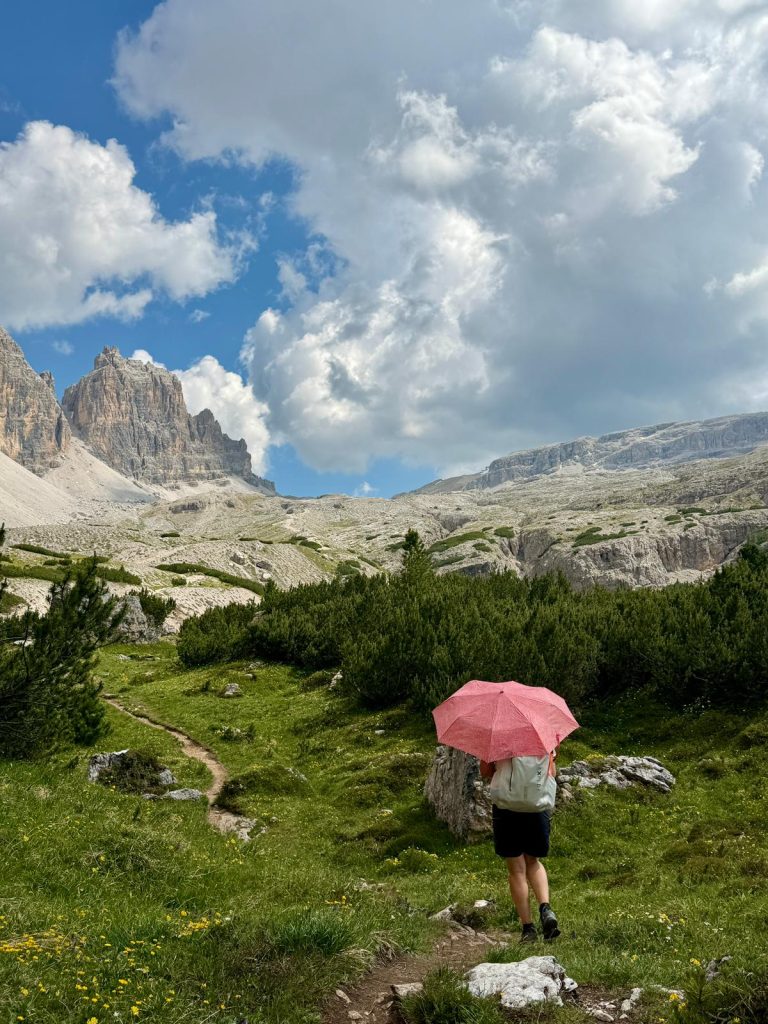 hiking in heat with an umbrella